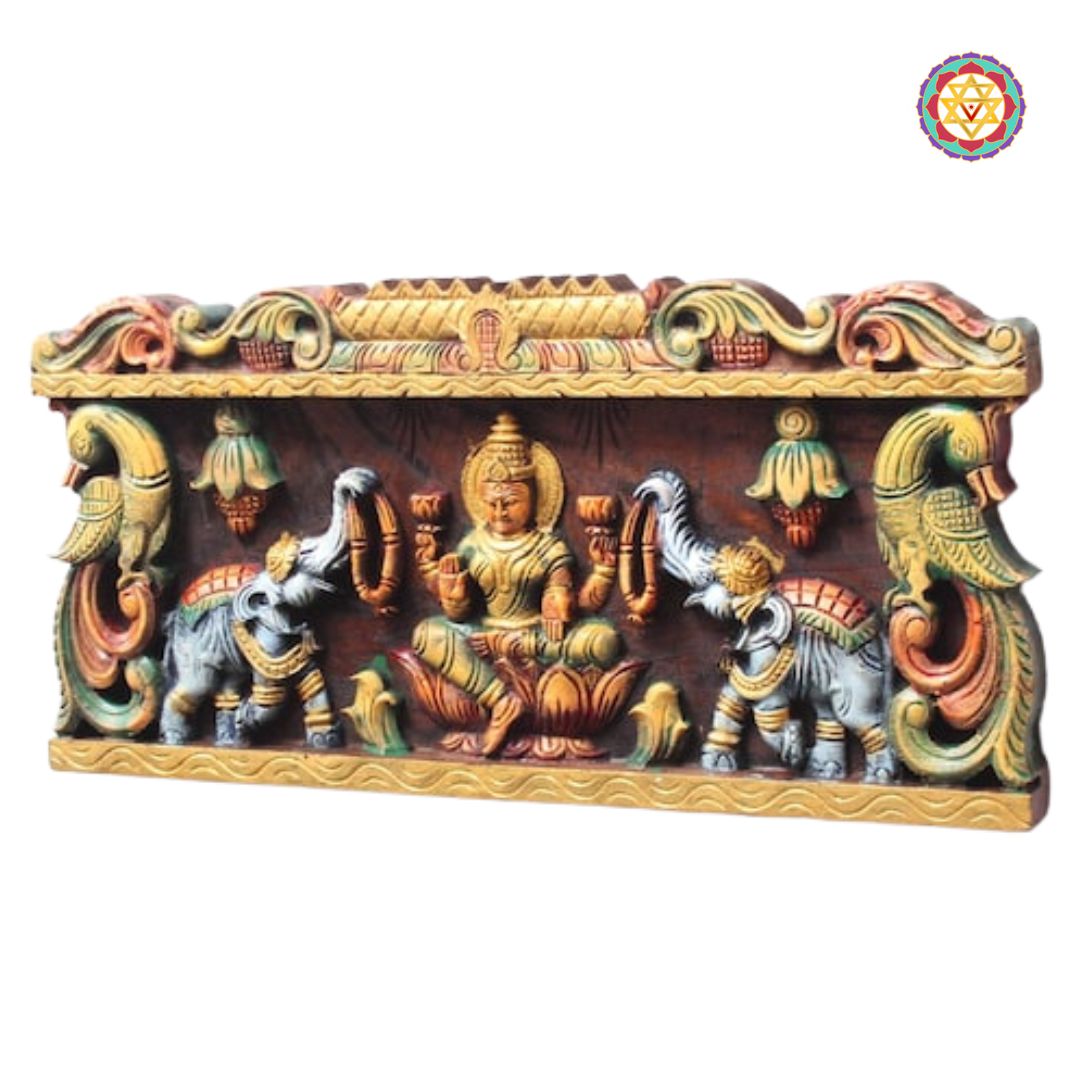Intricately Handcarved Gajalakshmi with Gopuram – Divine Horizontal Panel
