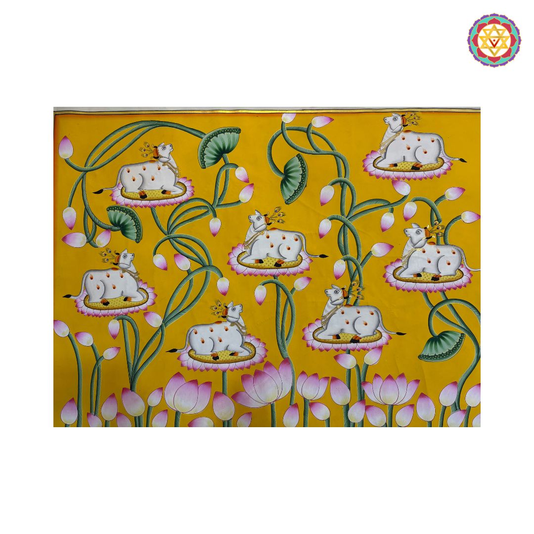 Handpainted Yellow Pichwai – Cows on Lotus Leaves
