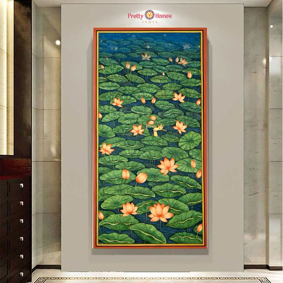 Hand-painted pastoral Pichwai scene showing Krishna with devotees in a vibrant village setting