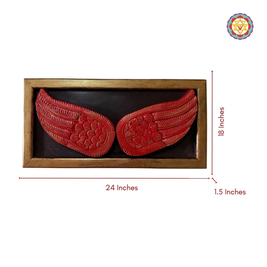 Detailed view of wooden angel wings frame craftsmanship
