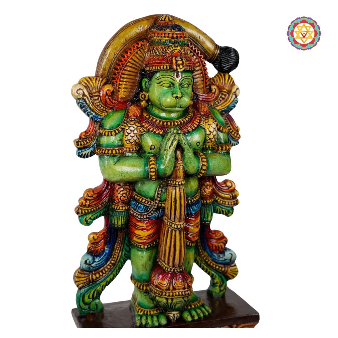 side view of hand carved standing hanuman sculpture highlighting fine detailing