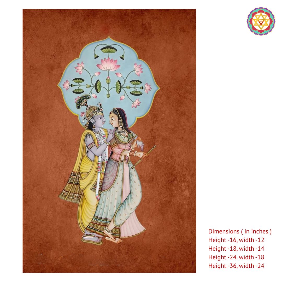 Close view of Radha Krishna pichwai artwork with lotus flowers