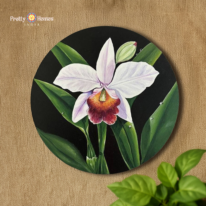 Hand painted wall plate -blooming white orchid