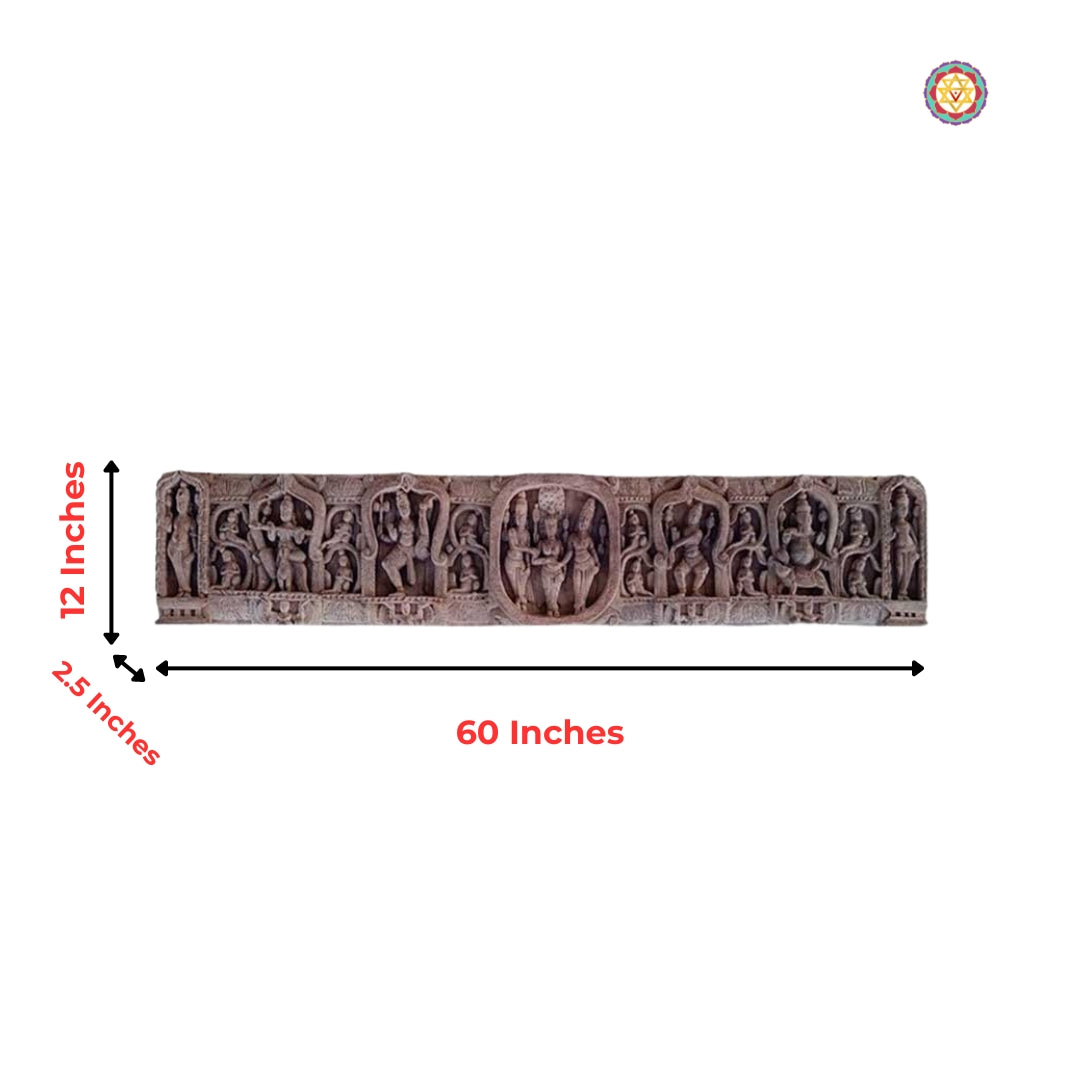 Wooden wall panel with detailed Meenakshi wedding carving – handcrafted Indian heritage art.