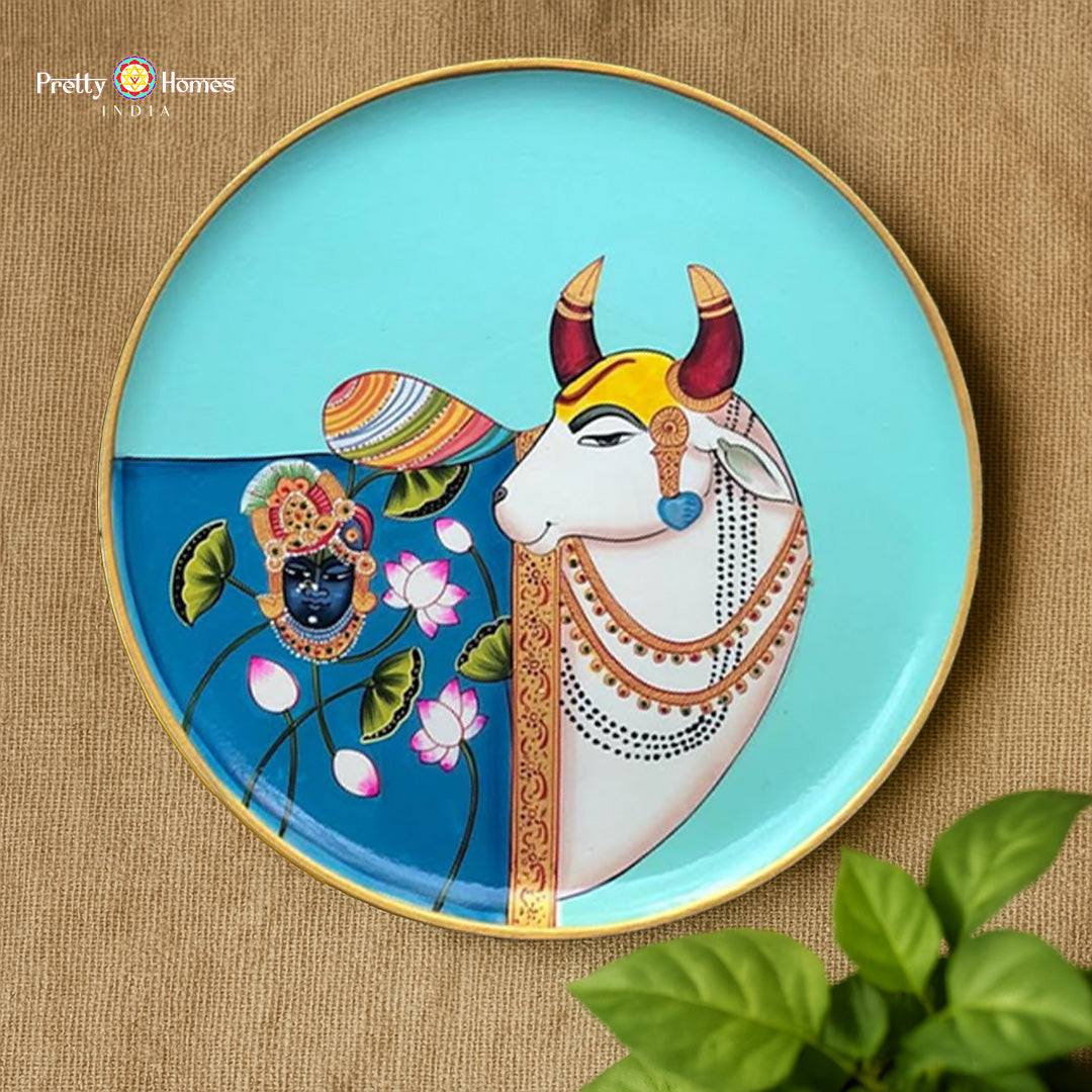 pichwai wall plate kamdhenu with shrinathji handpainted artwork