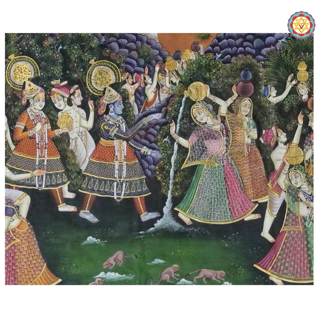 Artisan close-up of Shreenathji asking for offerings from gopikas in traditional Pichwai style.