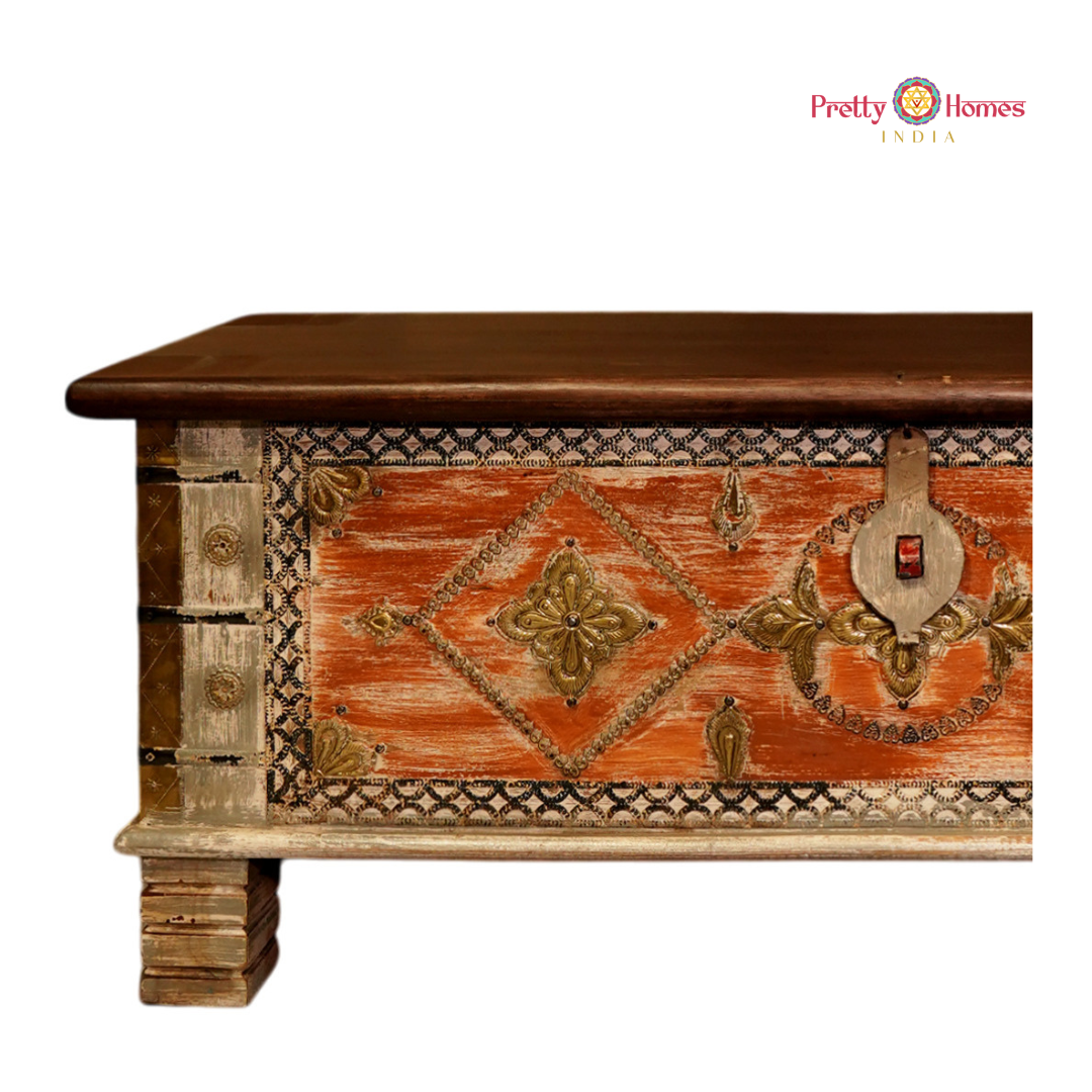 Rustic Red Wood-Carved Storage Trunk / Coffee Table with Brass Work
