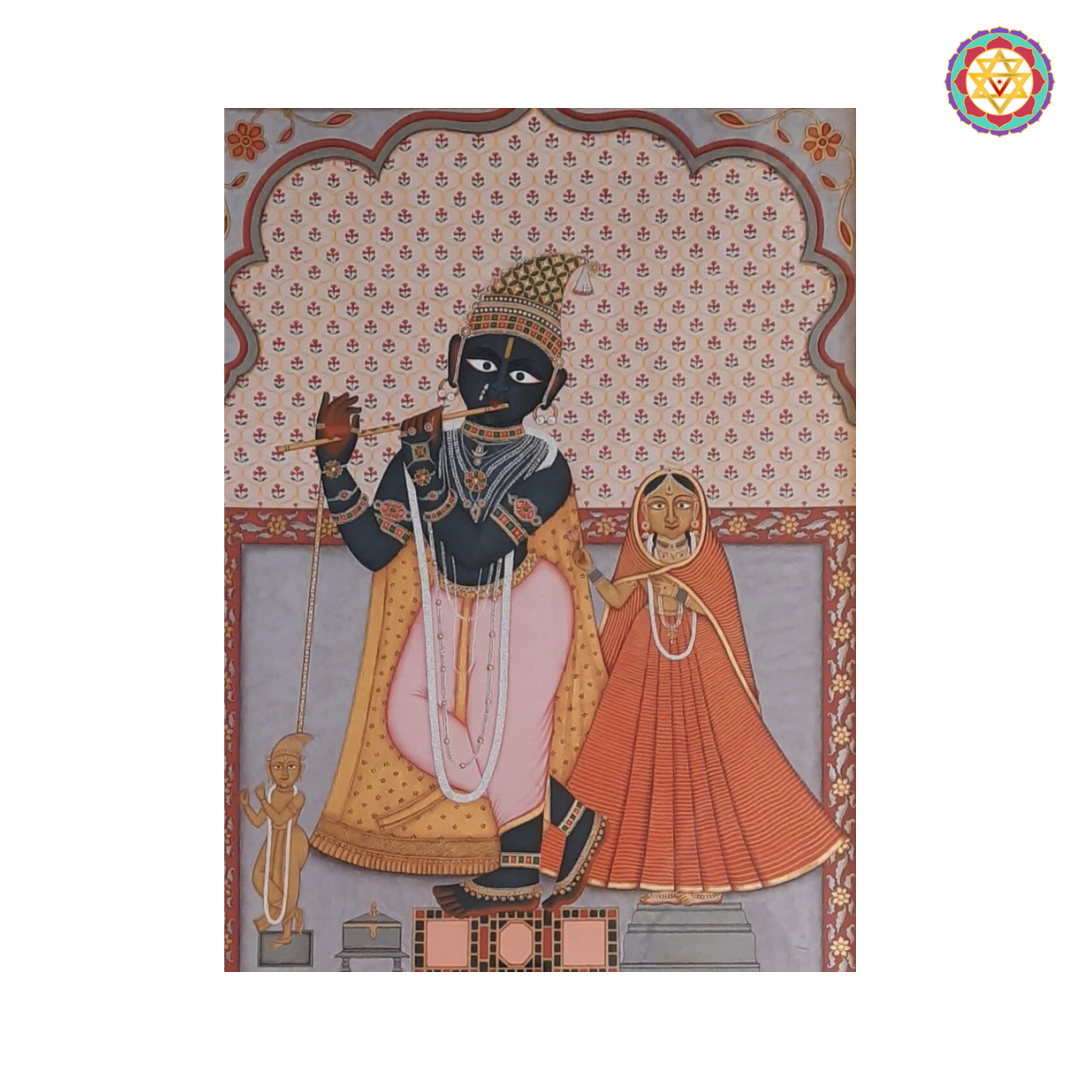 A beautifully hand-painted depiction of Radha and Lord Govind, celebrating divine love and spiritual harmony.