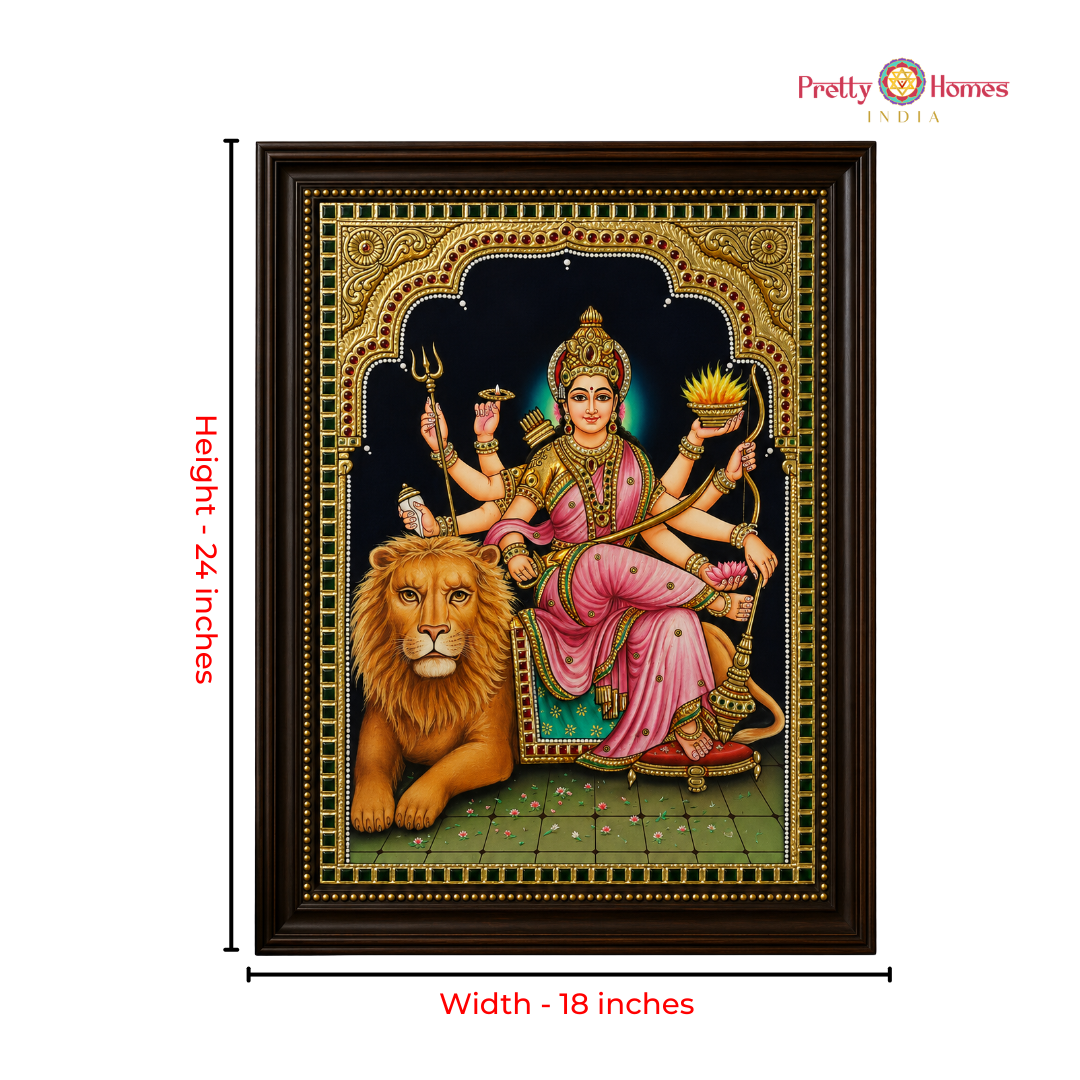 Aesthetic Finish Goddess Durga / Sherawali Tanjore in Real Gold
