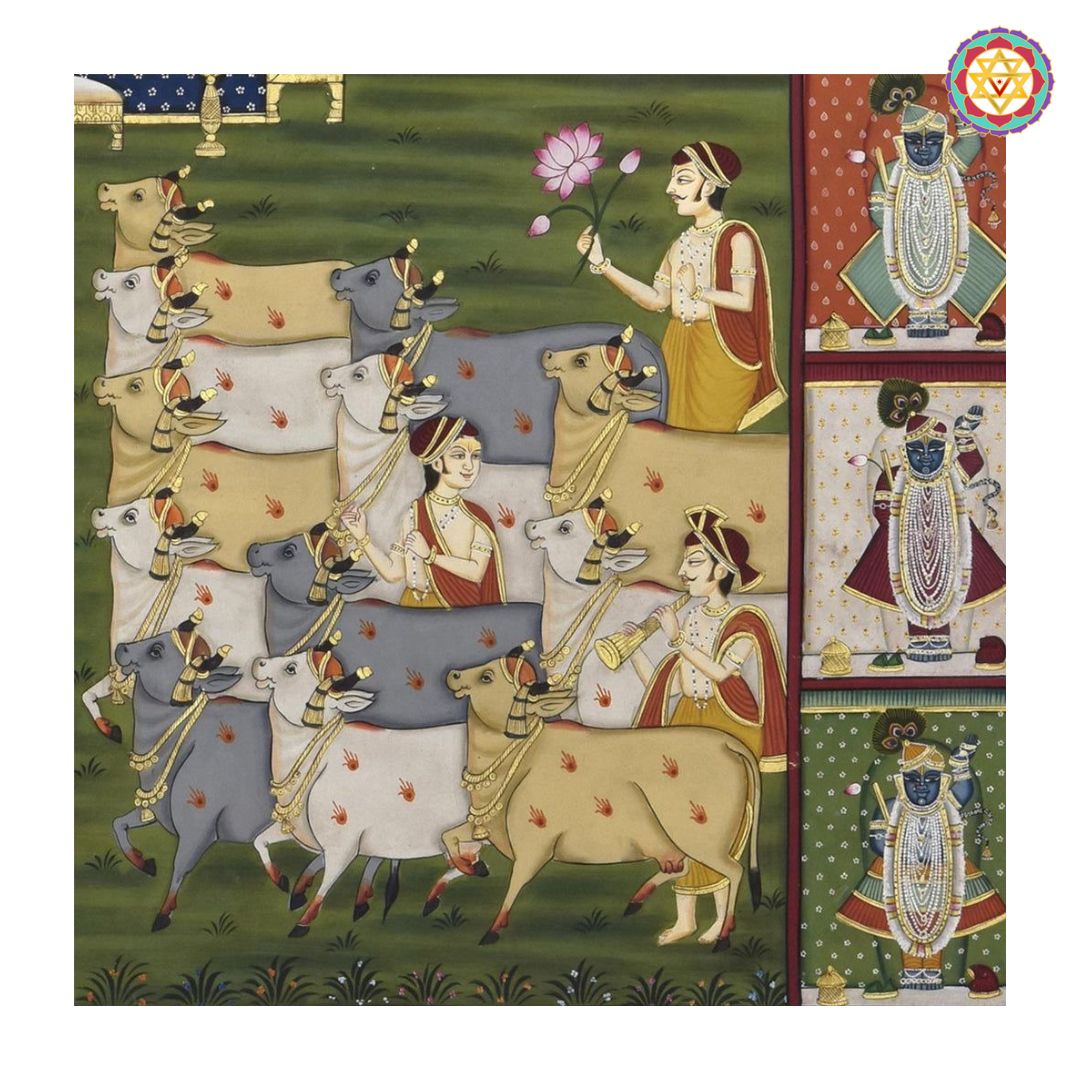 large traditional handpainted pichwai sharad scene with intricate border angled shot showing Sharad gopikas and design work