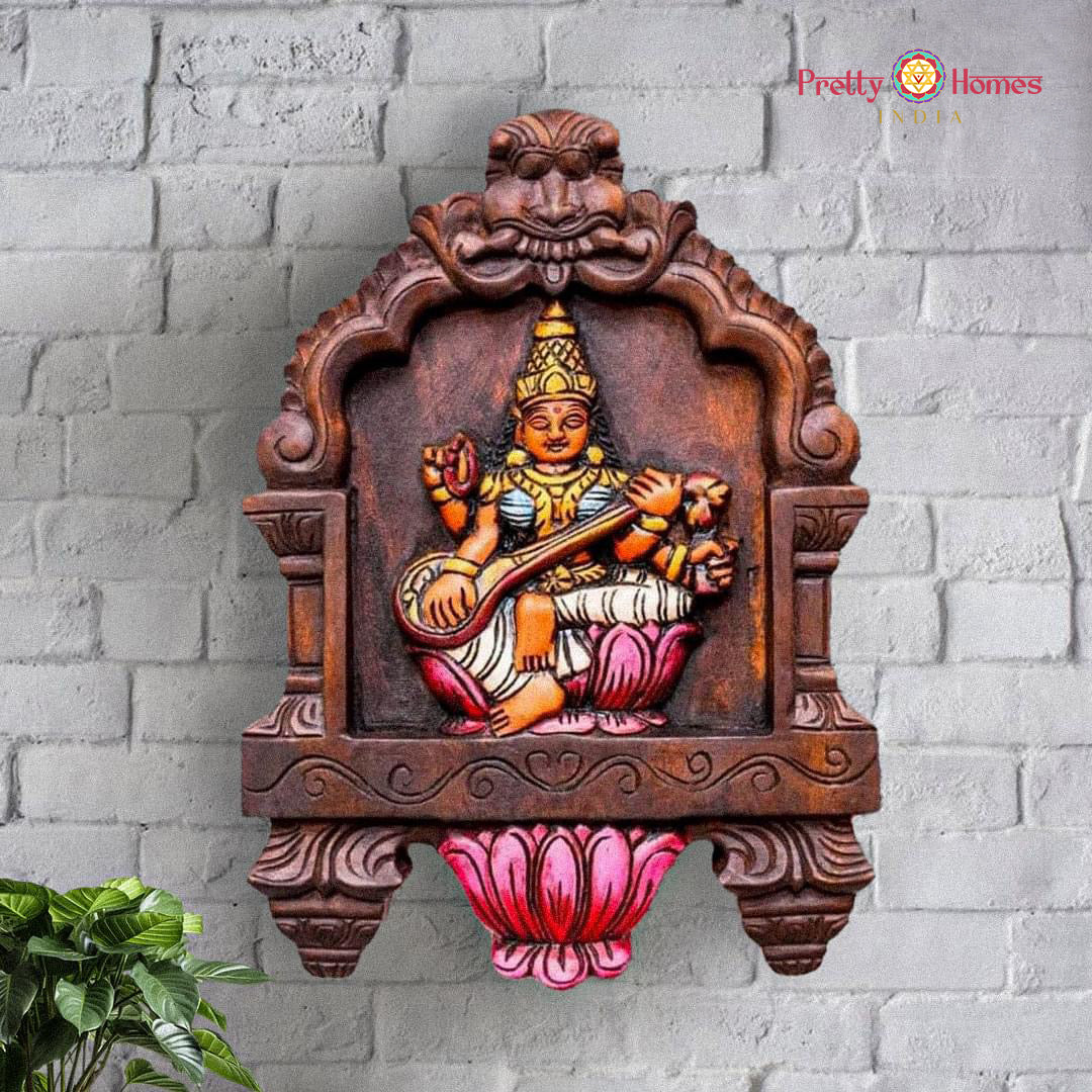 Woodcarved - Laxmi Wall Hanging Panel With Lotus Carvings.