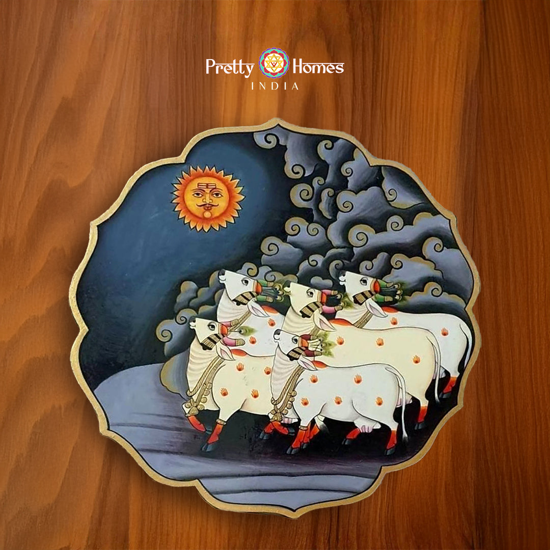 Petal Shaped Cow Pichwai Wall Plate  Under the Sun– Hand-Painted Indian Wall Decor – hand-painted wooden plate for Indian wall decor