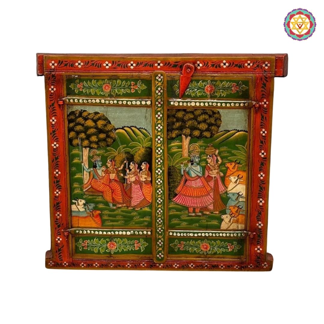 Angle shot of decorative wooden Pichwai window panel showing depth