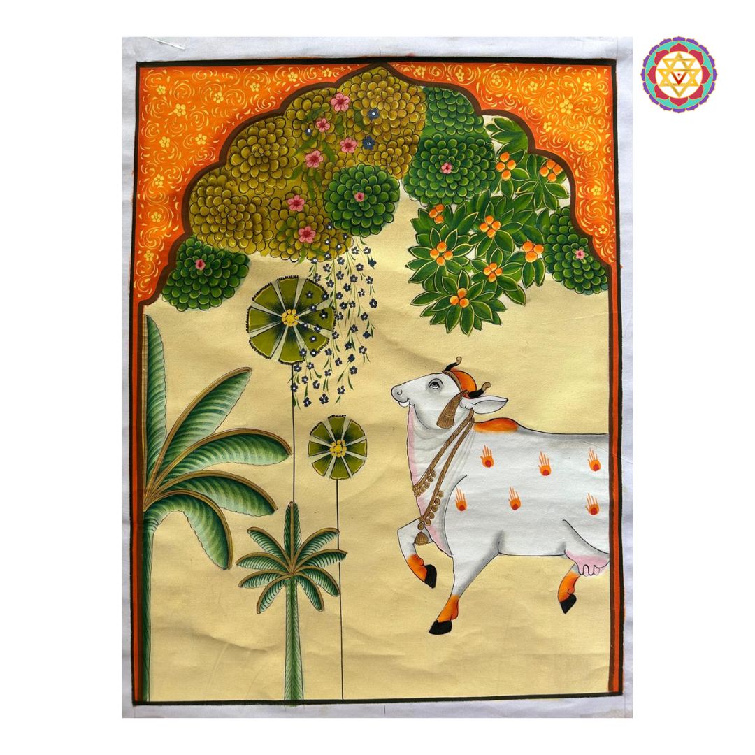 Close-up detail of handcrafted Pichwai painting with sacred cow, trees, and jharokha motif – Pretty Homes India.