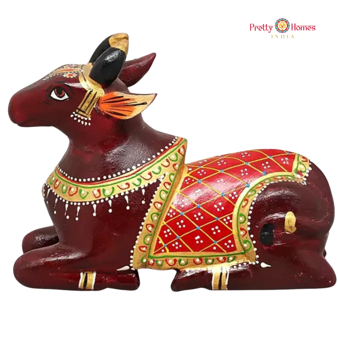 Handpainted Wooden Nandi with Red Motifs