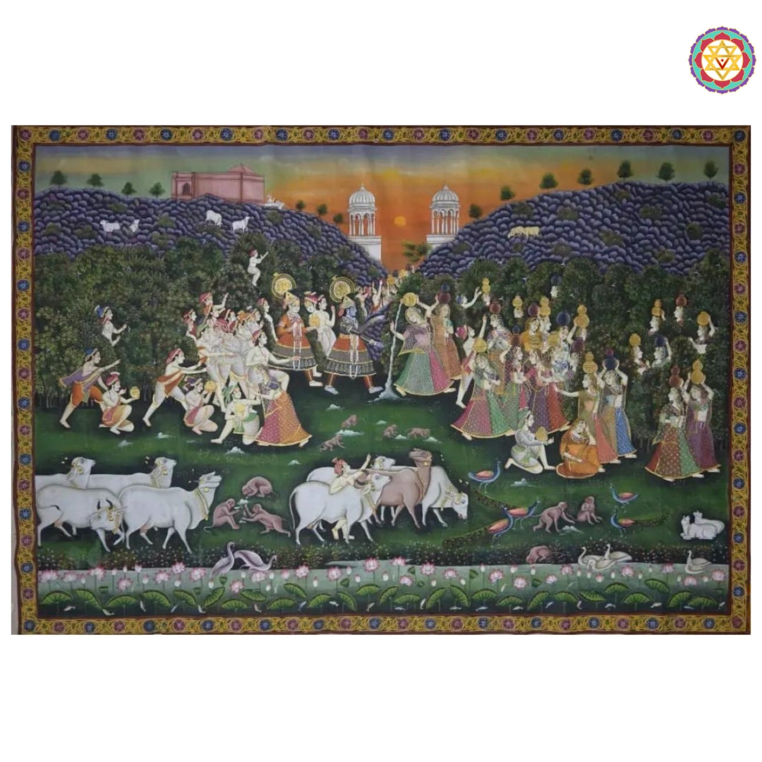 Flat shot of full Daan Leela Pichwai showing Shreenathji with cows and gopikas in natural setting.