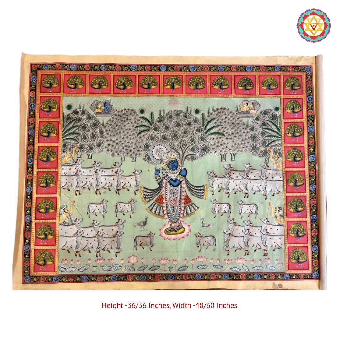 handpainted pichwai cows under trees with intricate floral border full scene showing cows beneath trees and decorative floral edges