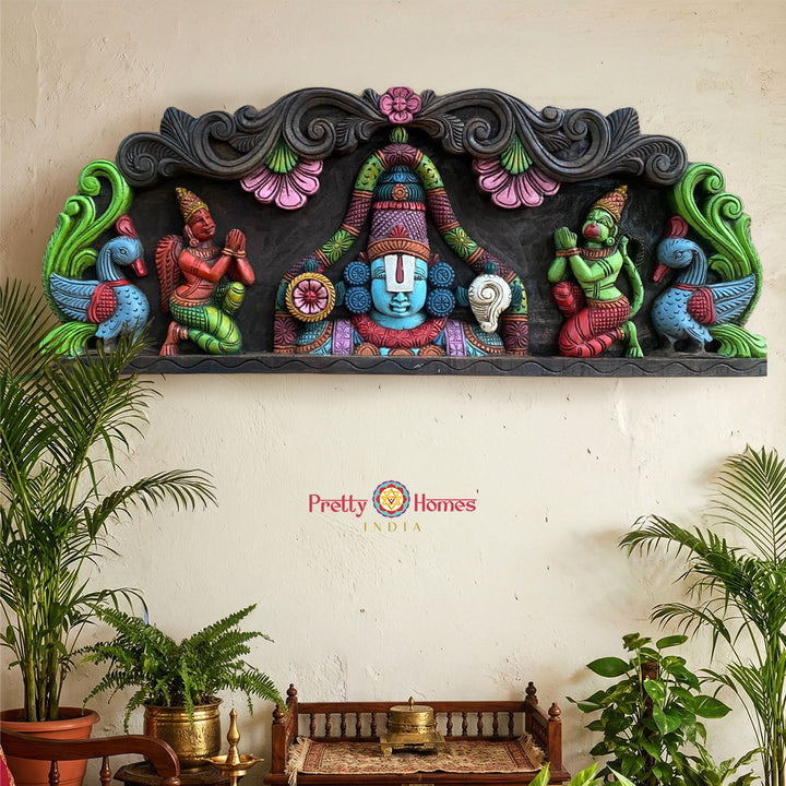 Thirty-six inch hand-carved wooden wall panel featuring traditional temple artistry