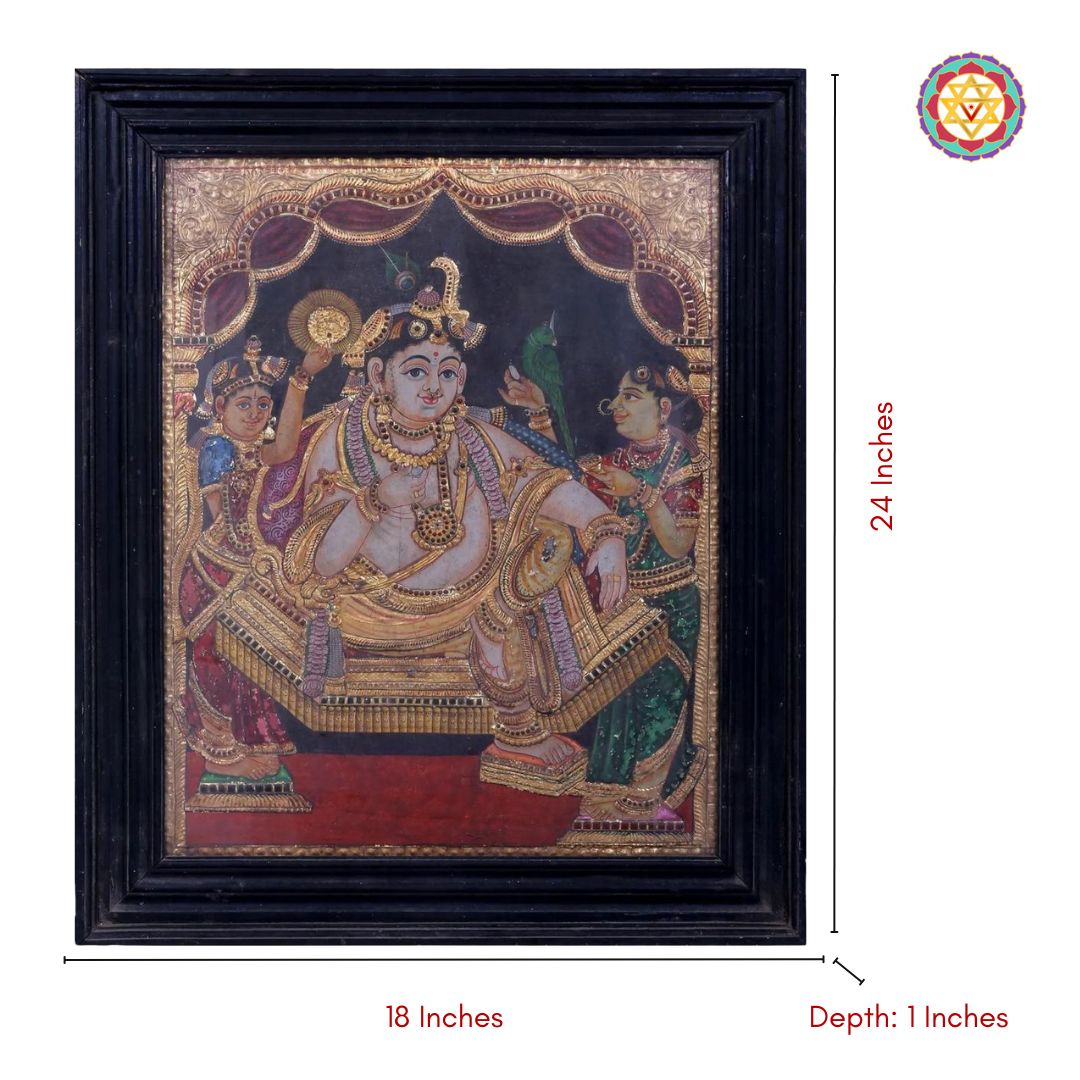 Antique style tanjore art of young Krishna stealing butter