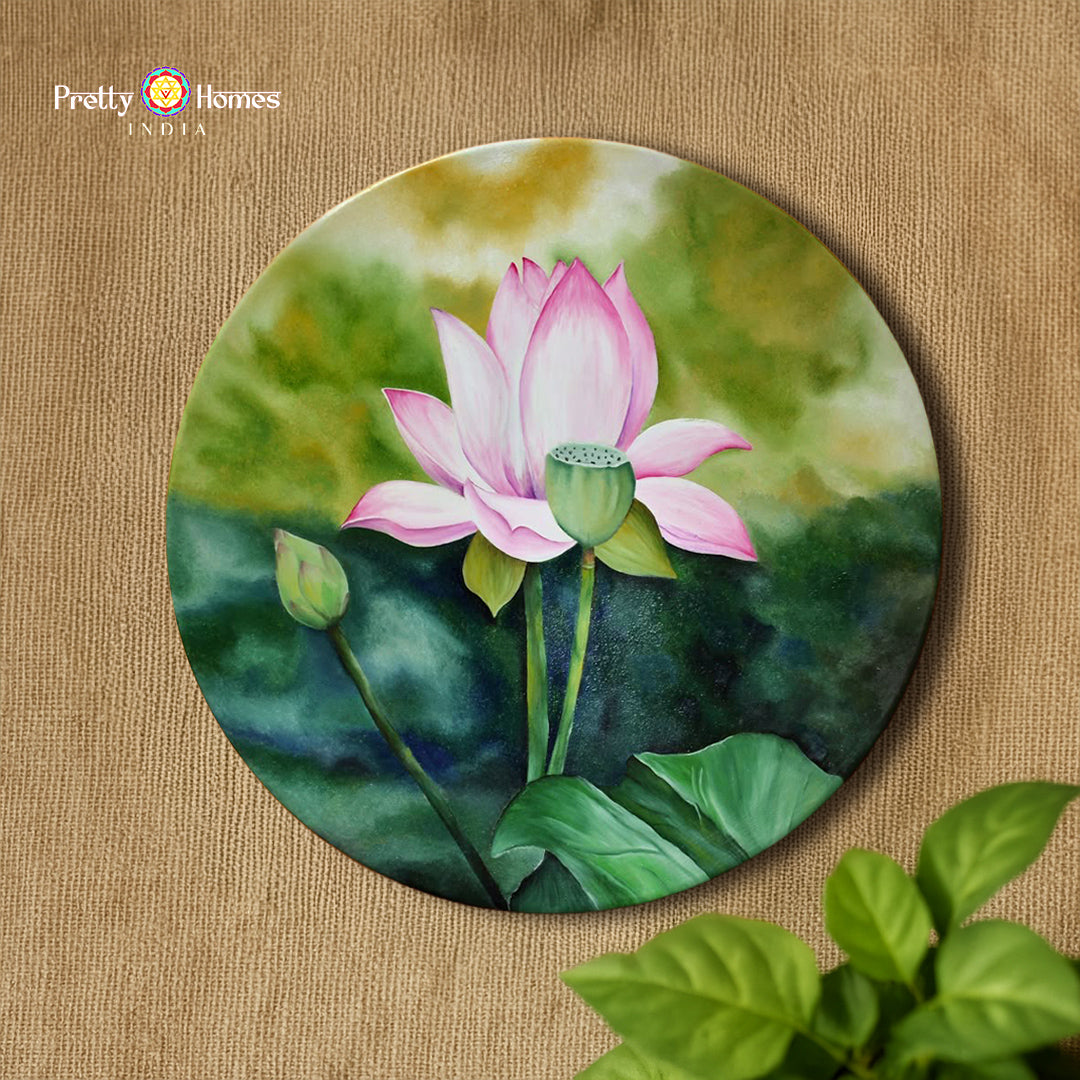 hand painted wall plate blooming lotus buds delicate blooming lotus buds on wooden plate decor
