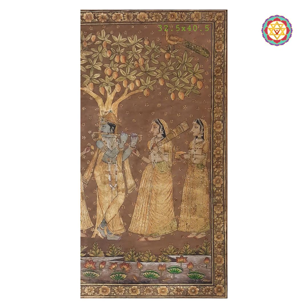 Handpainted Vintage-Style Pichwai – Flute Krishna with Gopikas
