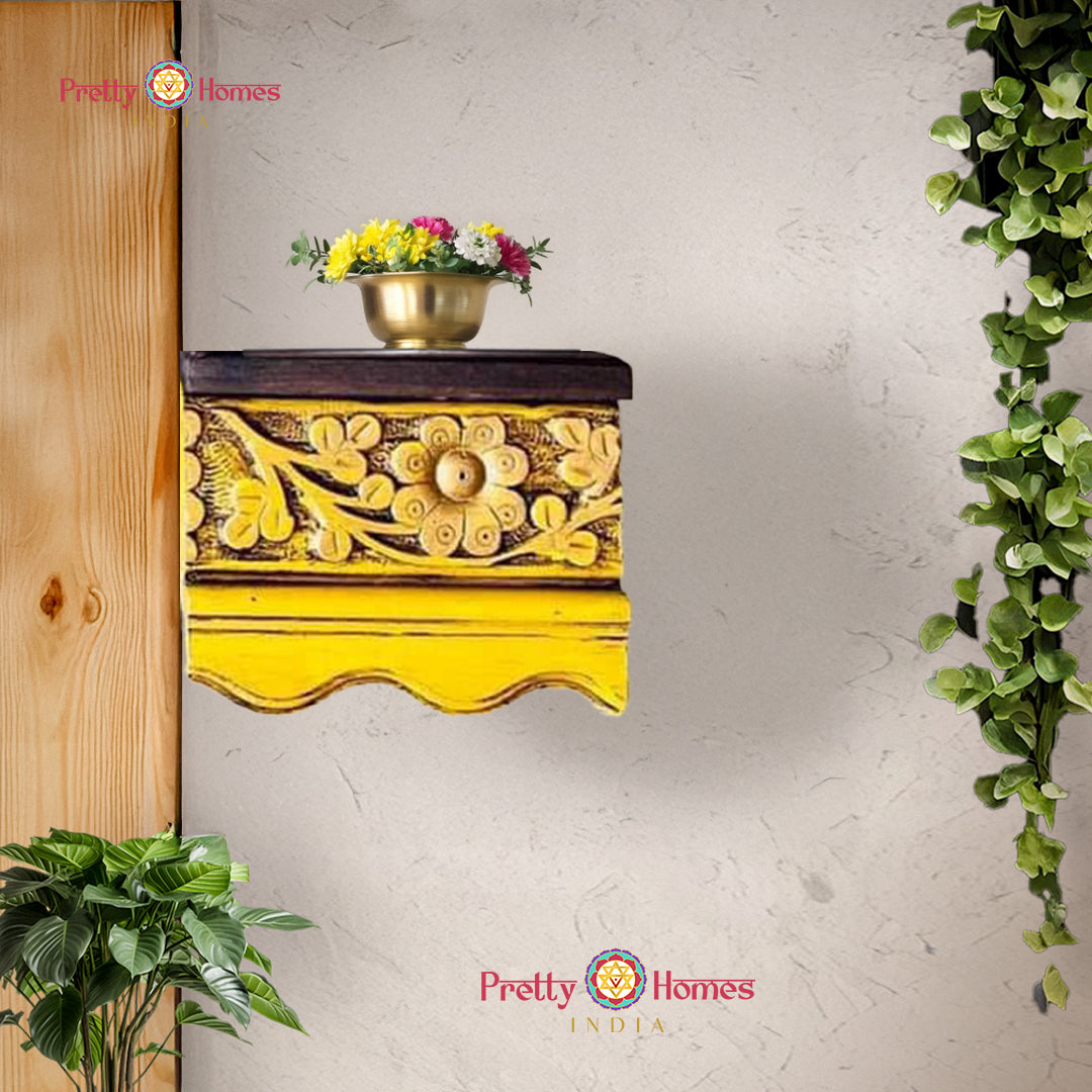 wood carved floating shelf in floral pattern for living room decor