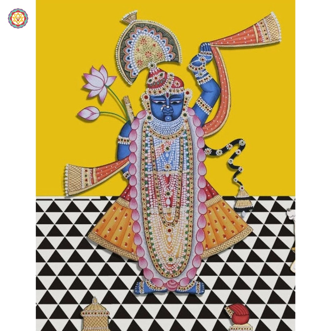 Close-up of modern Shrinathji Pichwai — intricate brush detailing and vibrant hues, handmade Indian devotional art
