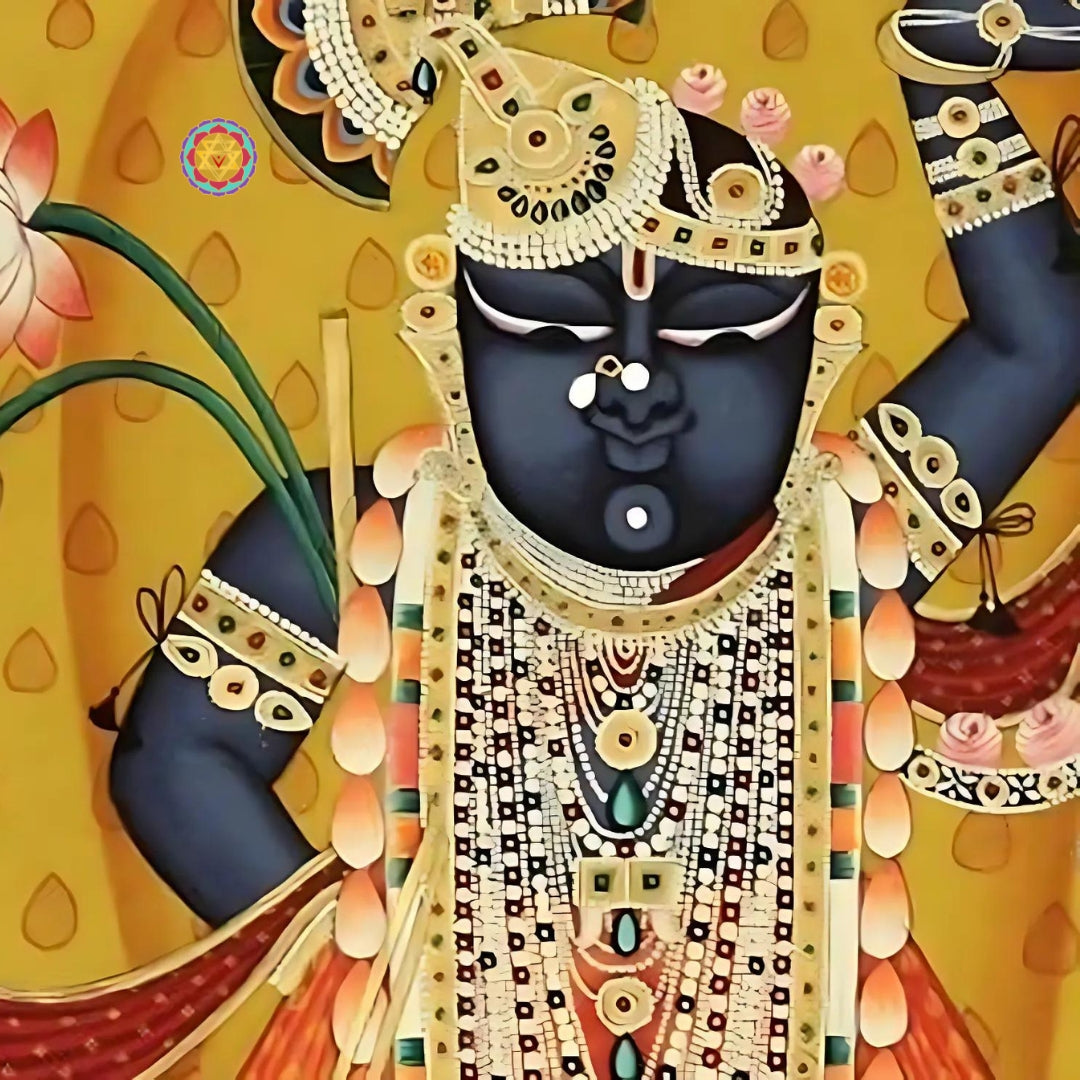 Hand-painted Pichwai fabric art featuring floral patterns and storytelling scenes