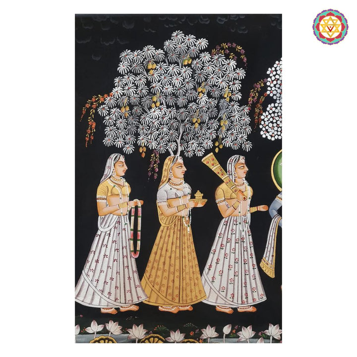 Horizontal Handpainted Pichwai – Radha Krishna with Gopikas Under Moonlight