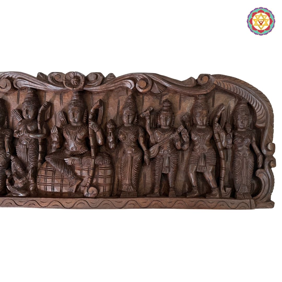 Lord Rama and mythological gods carved on horizontal wooden Ramayan panel
