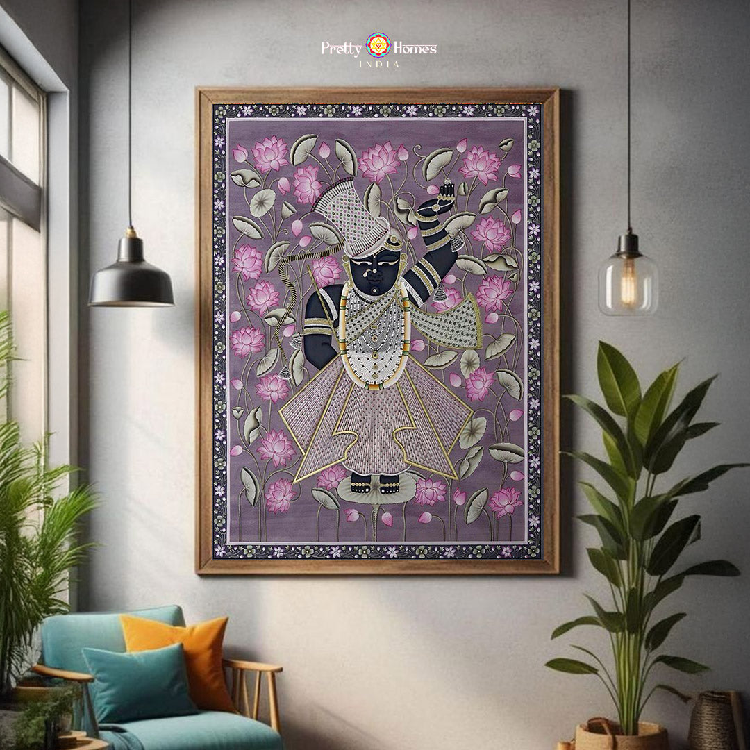 Handpainted Shrinathji pichwai with traditional lotus motifs