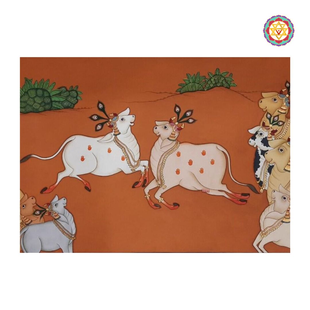 Close-up of lively cows in hand-painted pichwai artwork.