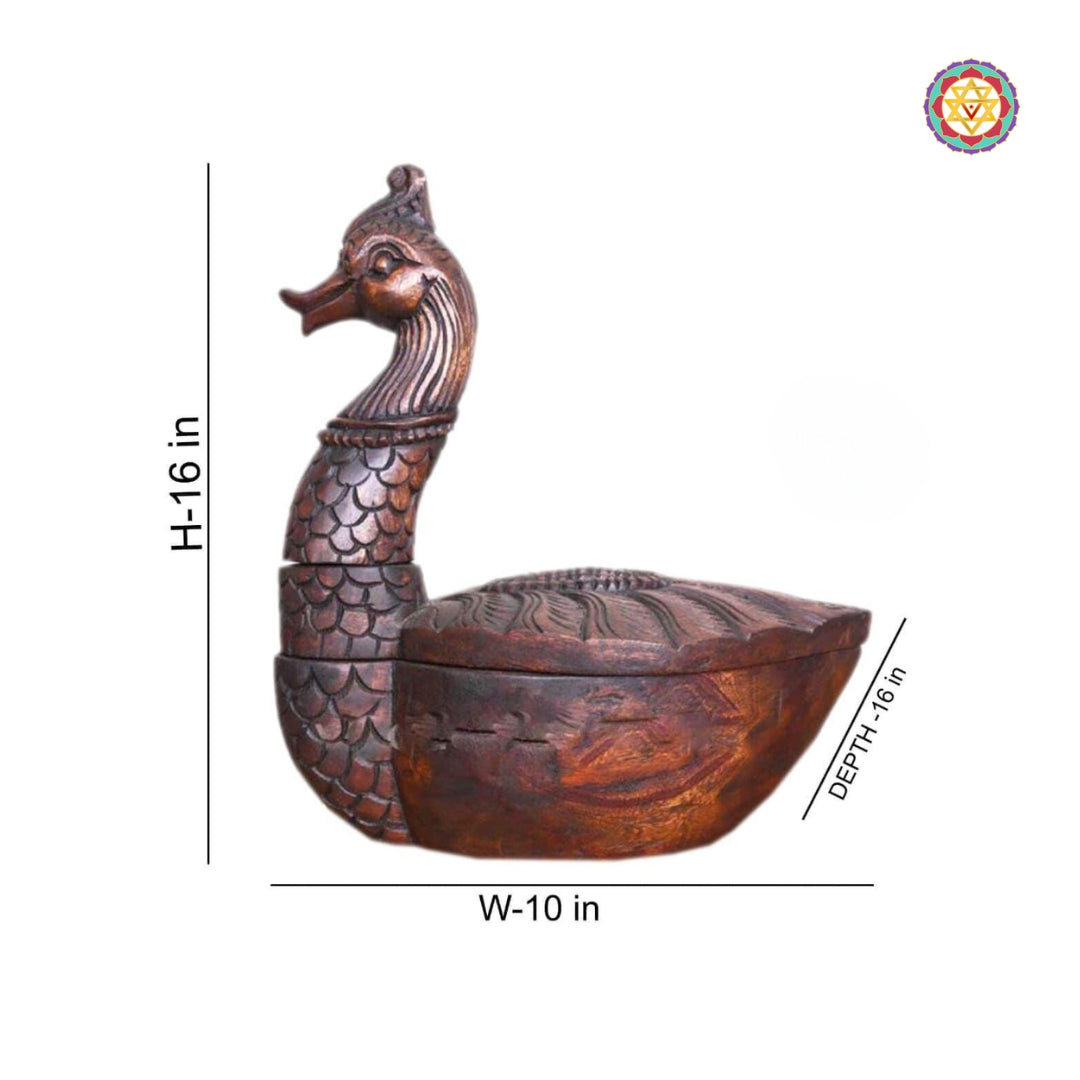 Handcarved wooden table decor box featuring detailed peacock artwork