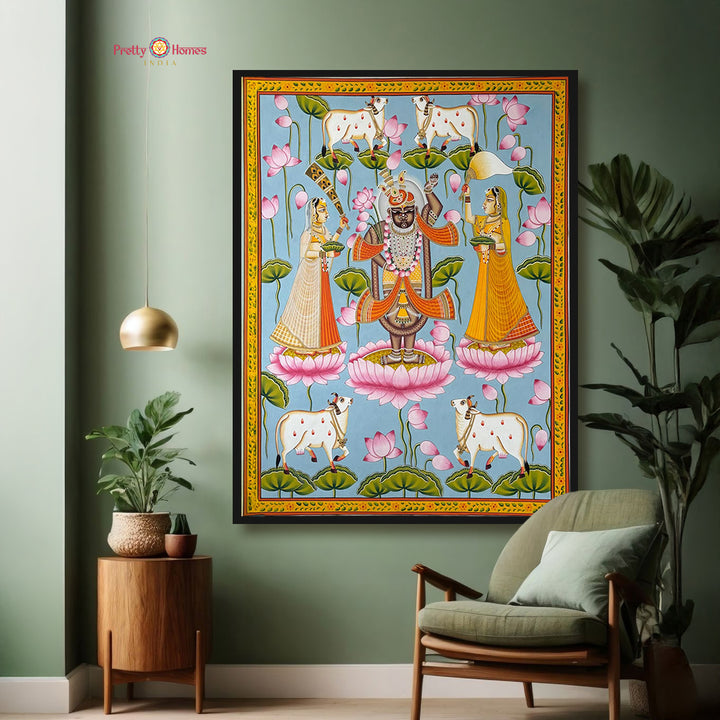 Handpainted Pichwai – Shrinathji with Gopikas & Cows in Lotus Pond