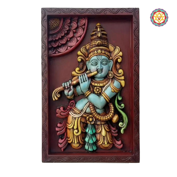 A beautiful and serene fluting Krishna frame with hand carvings.