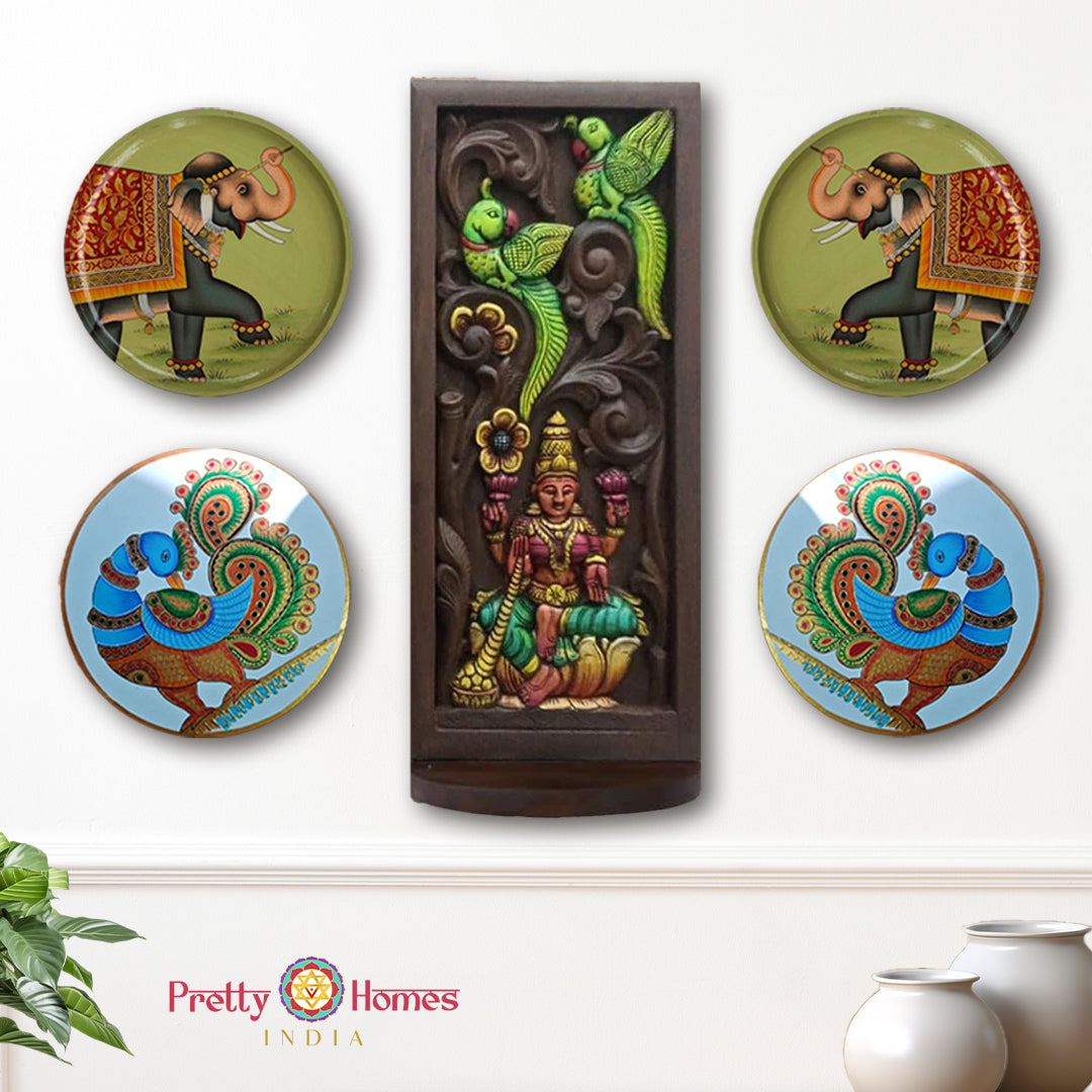 Woodcarved Laxmi frame with set of 4 handpainted wall plates