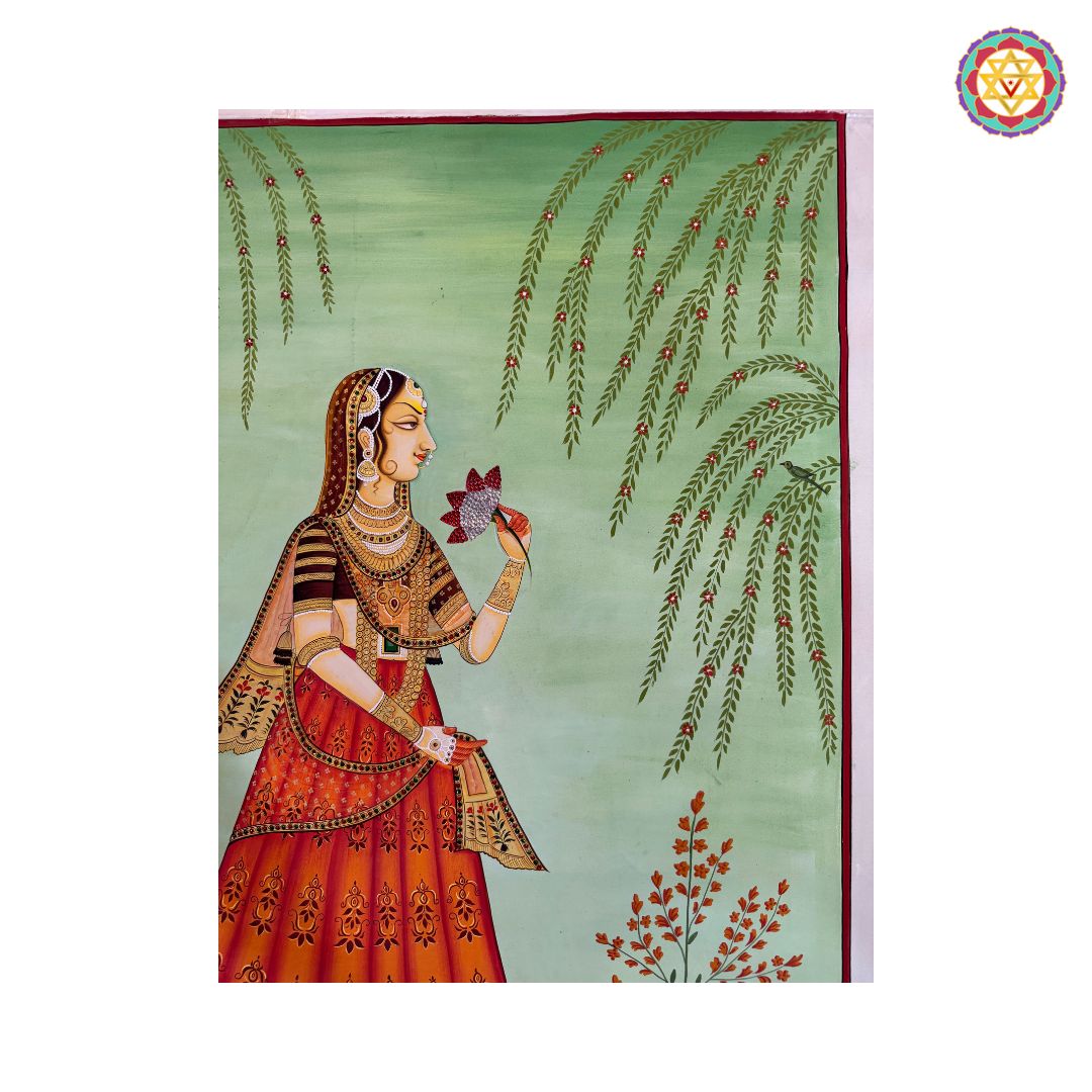 Rajasthani miniature painting of royal princess with lotus full view