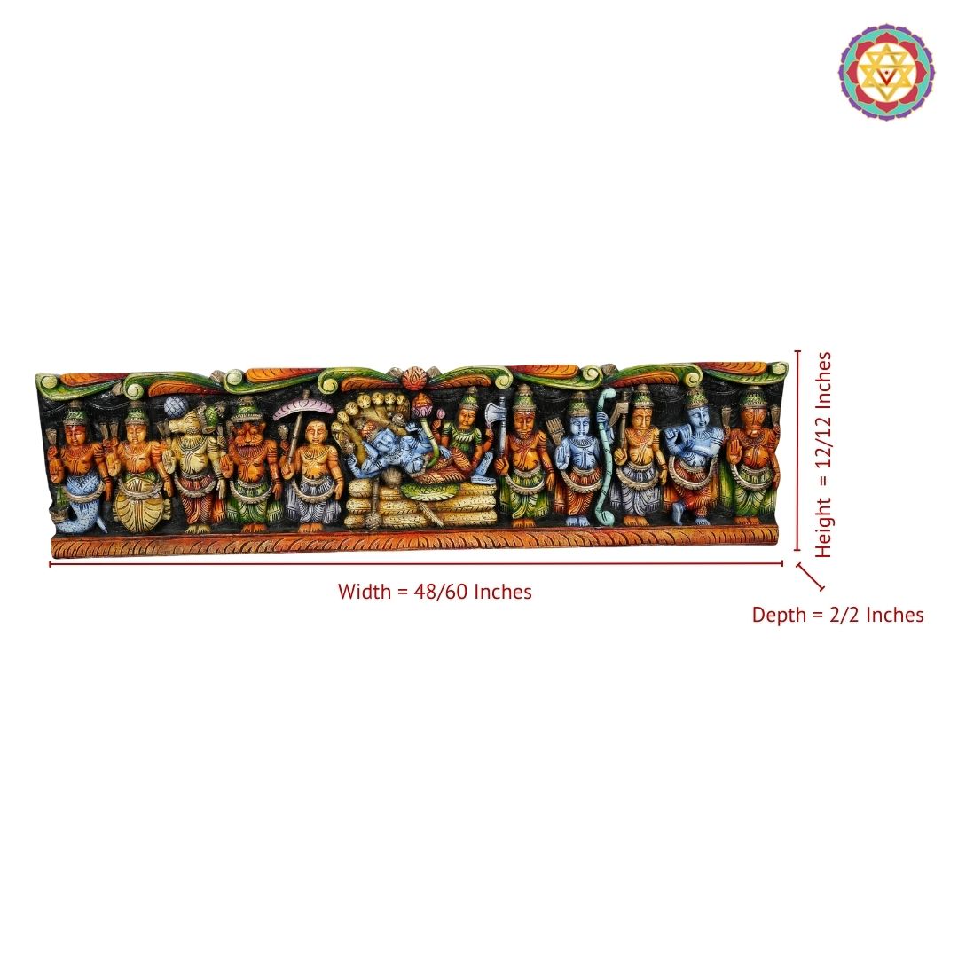Horizontal Woodcarved Dasavatar Panel with Resting Vishnu – Wall Mountable Decor