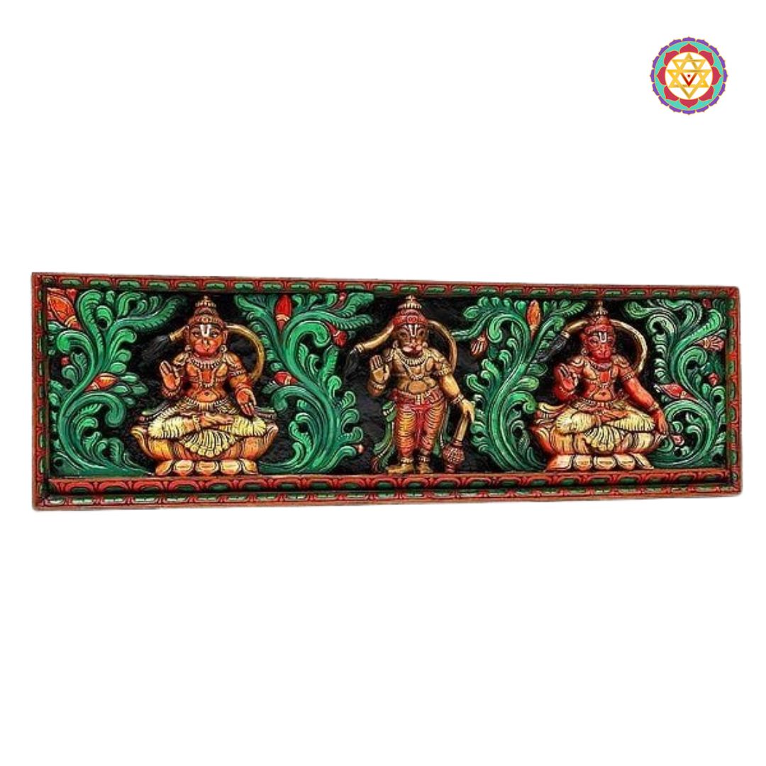 Decorative wall art with three figures in a green and red frame on a white background - Full-length horizontal Hanumanji panel showing all forms

