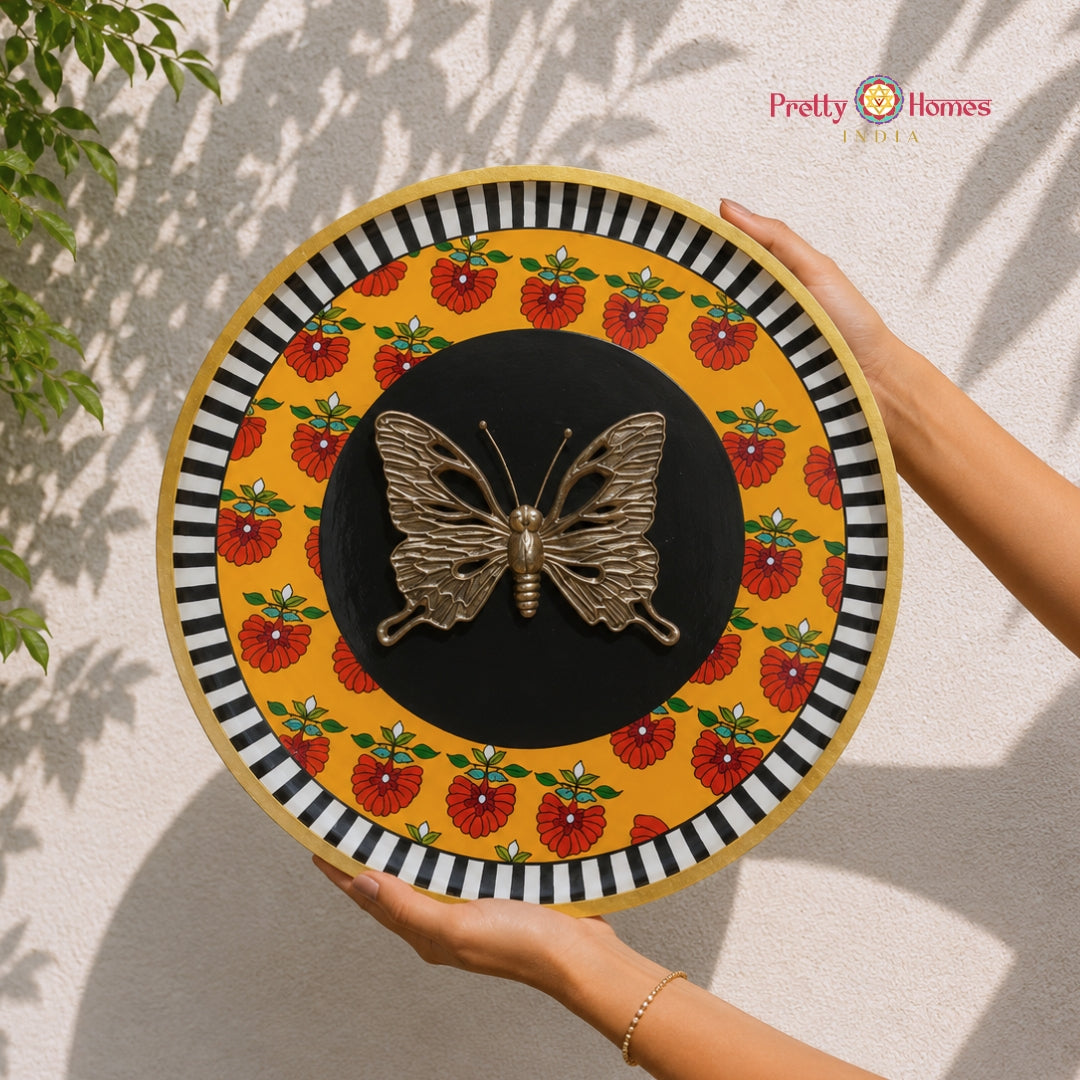 Golden Flutter – Brass Butterfly Handpainted Wall Plate