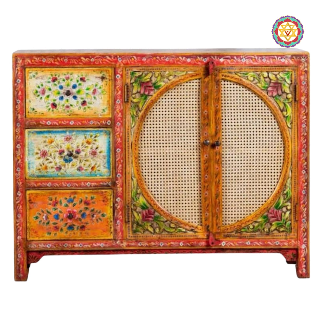 Hand-painted Wooden Sideboard/cabinet with Rattan work.