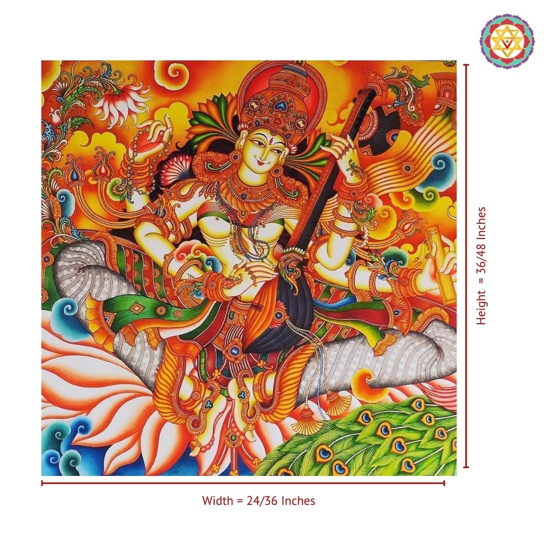 Kerala Mural Style Divine Saraswati with Veena Handpainting – Symbol of Wisdom and Art