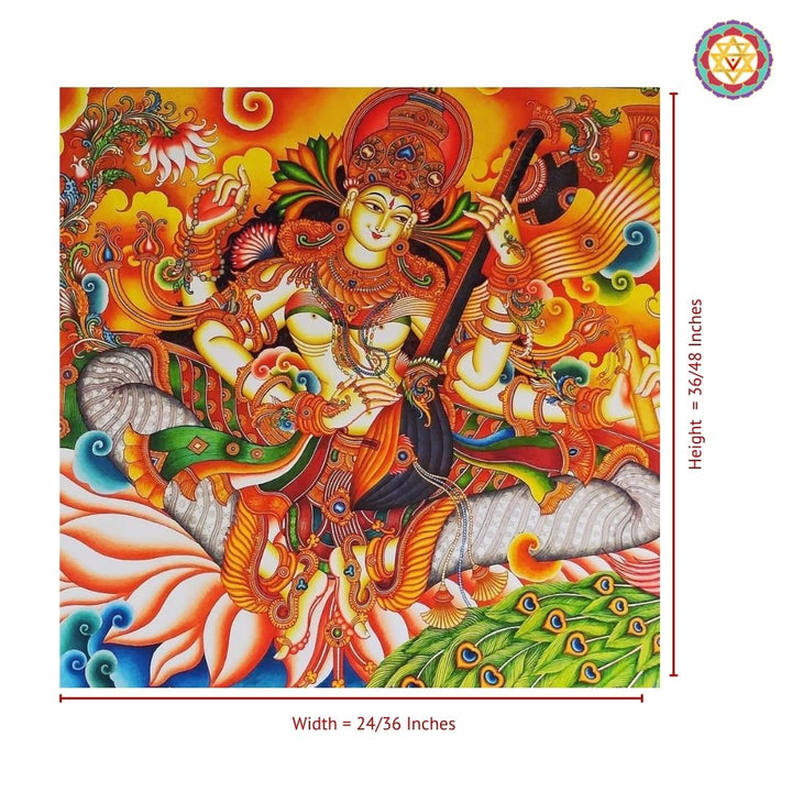 Kerala Mural Style Divine Saraswati with Veena Handpainting – Symbol of Wisdom and Art