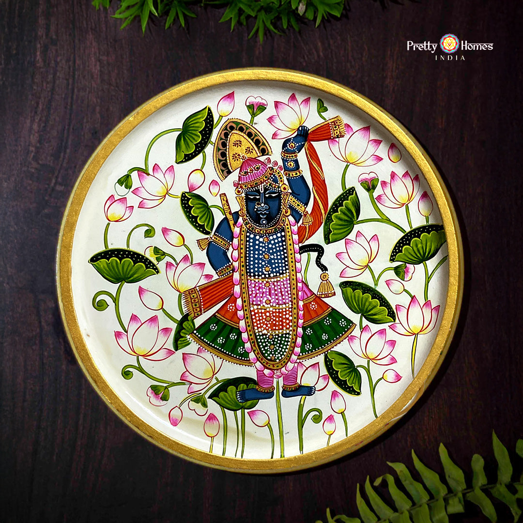 Pichwai -handpainted wall plate off white-Shrinathji &nbsp;with lotus and leaves