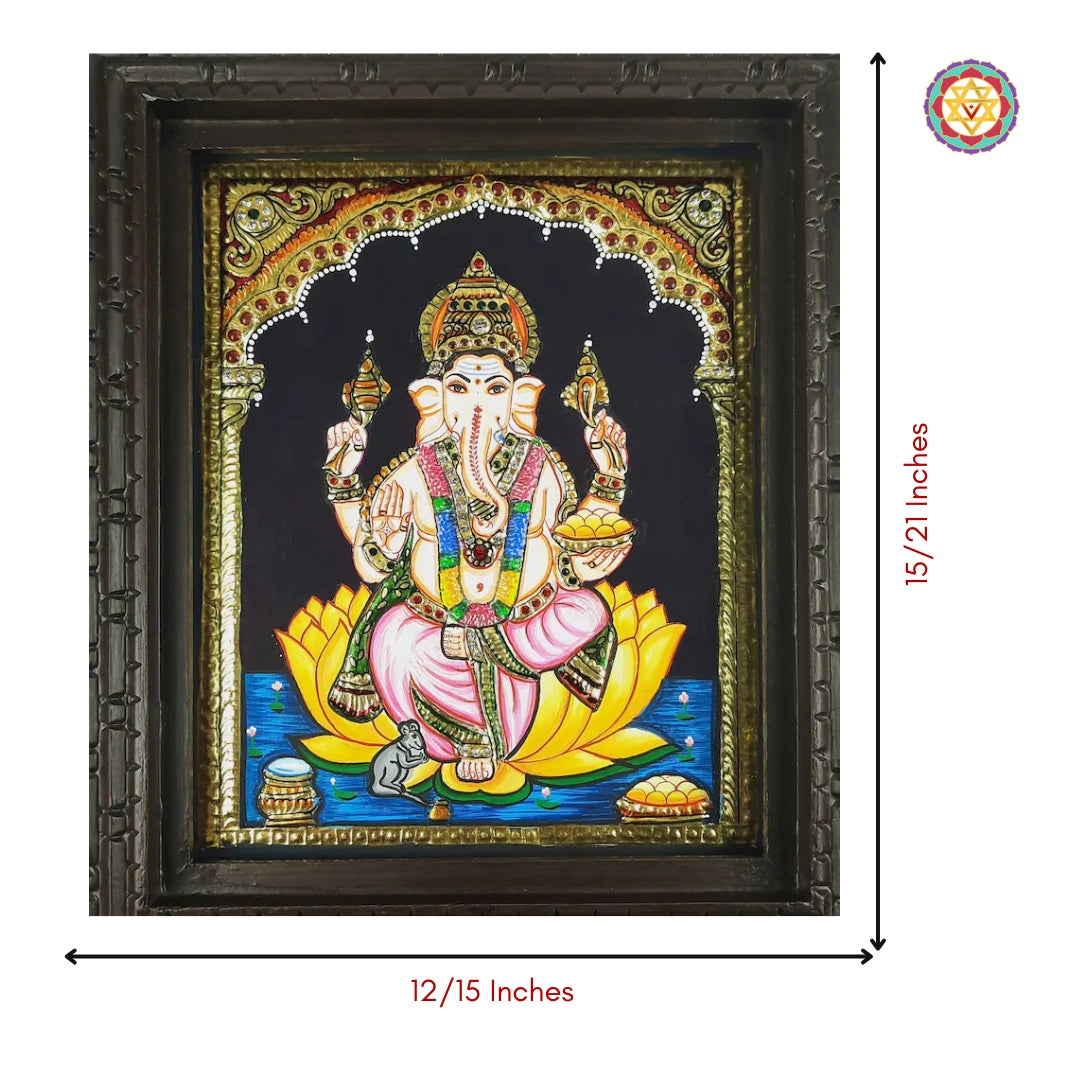 Frontal product view of Ganesha Tanjore painting in classic teakwood frame