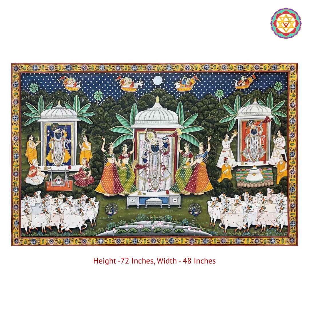 blue shrinathji pichwai full artwork with cows in vibrant palette