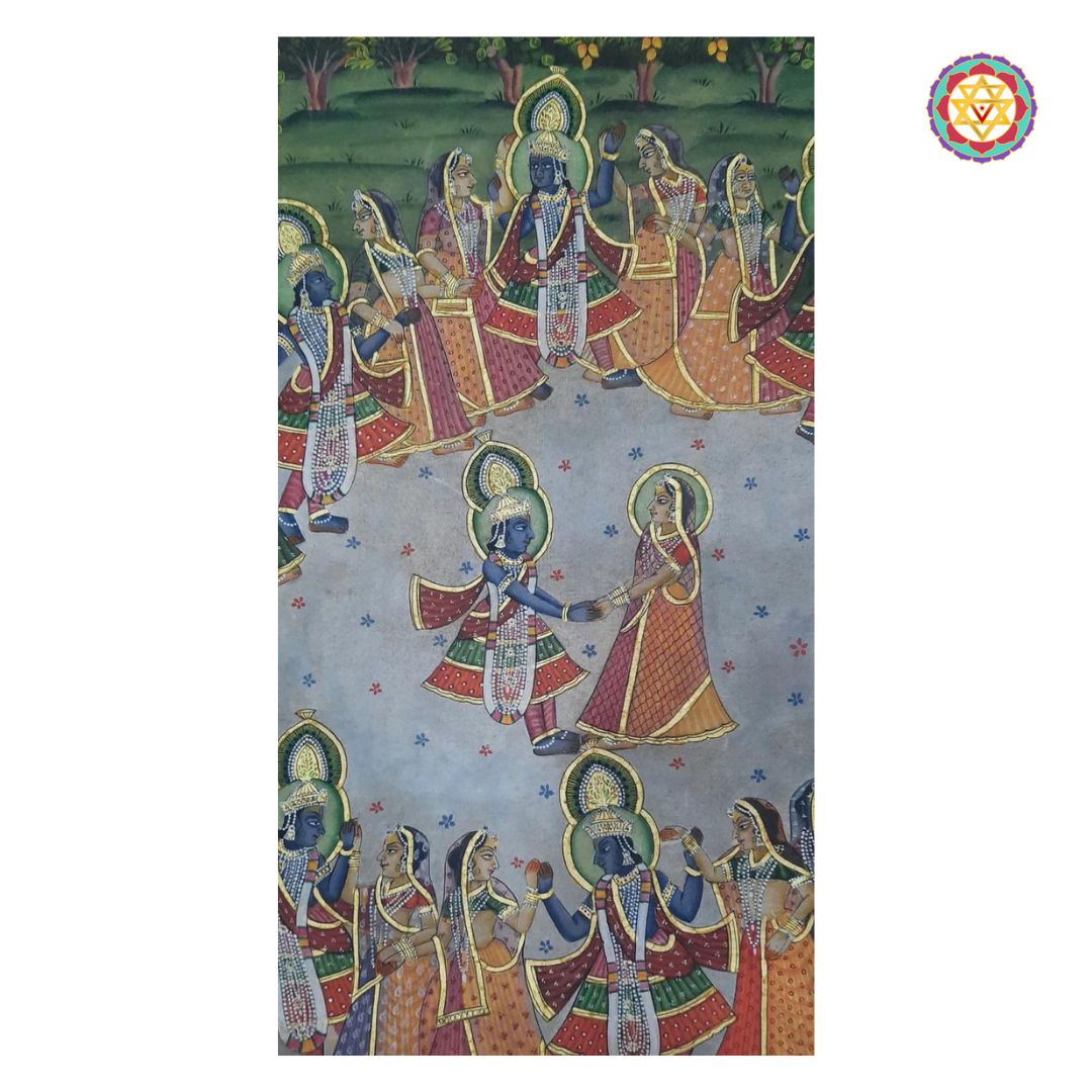close-up of raas leela pichwai highlighting delicate figures and fine brush detailing