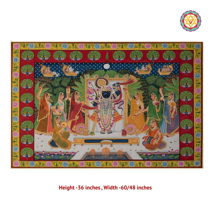 Handpainted pichwai-Sharad Poornima Raas – Shrinathji with Gopikas & Peacock Border