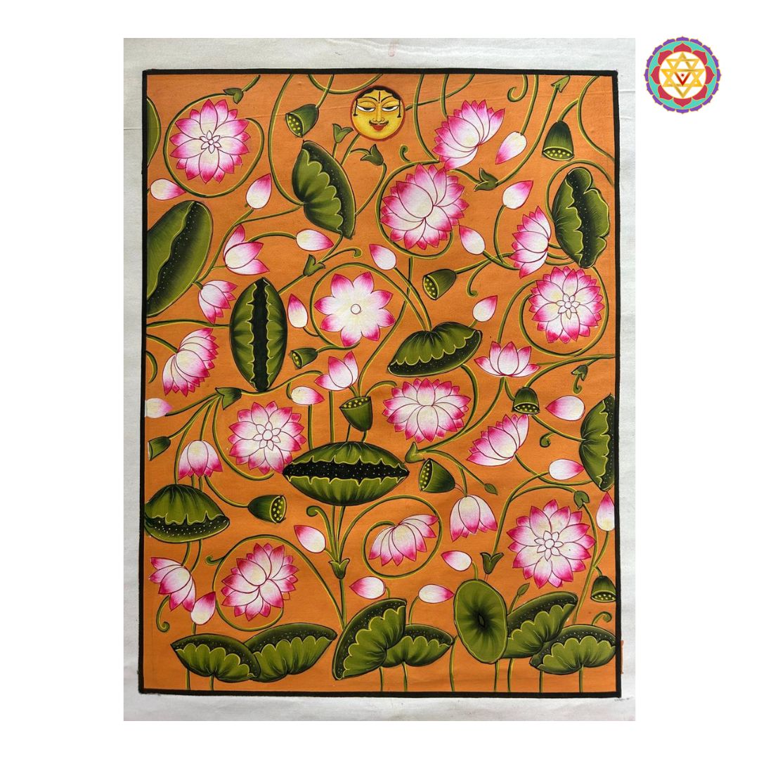 hand-painted pichwai kamal talai in rust tone featuring lotus flowers and serene motif, traditional indian devotional art