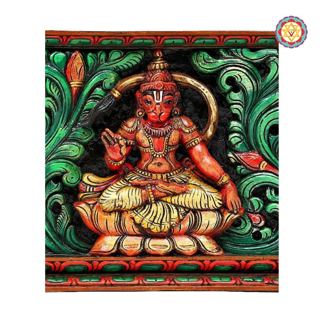 Decorative wall art with a colorful depiction of a seated figure on a green and red background